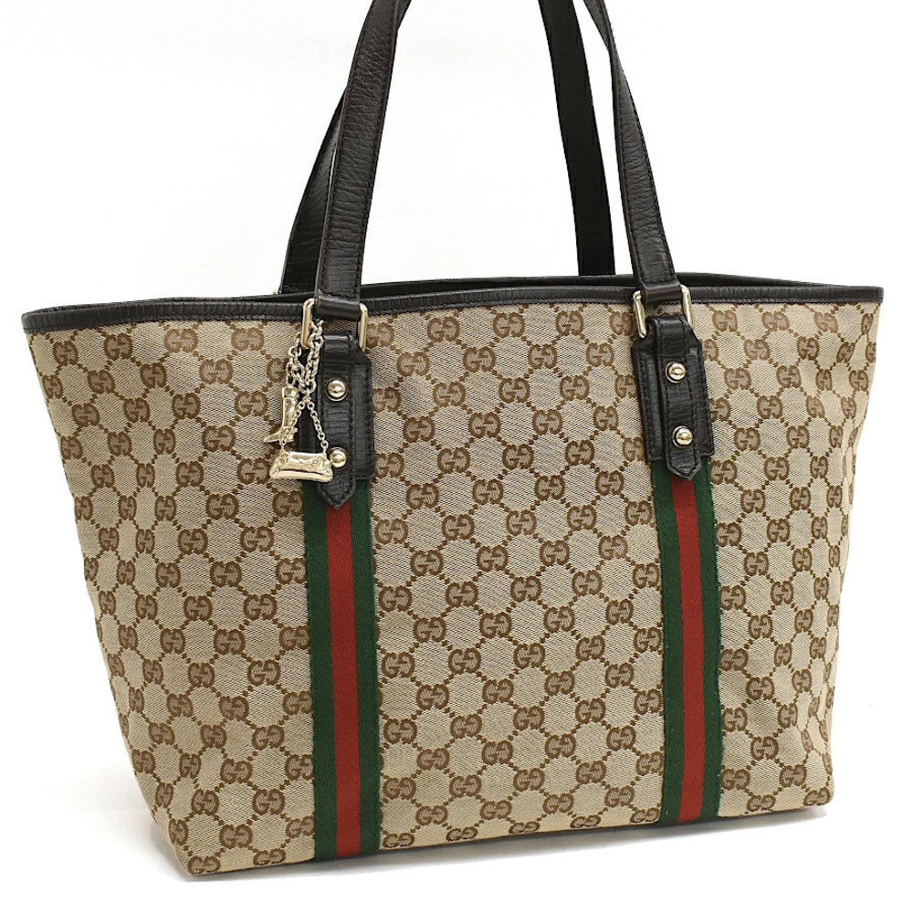 Gucci GG Canvas Tote Bag Shoulder Beige Cream Brown Web Stripe Sherry